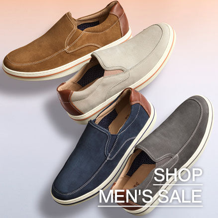 Men's casual slip-on shoes in brown, white, navy, and gray. Shop Johnston & Murphy men's sale footwear.